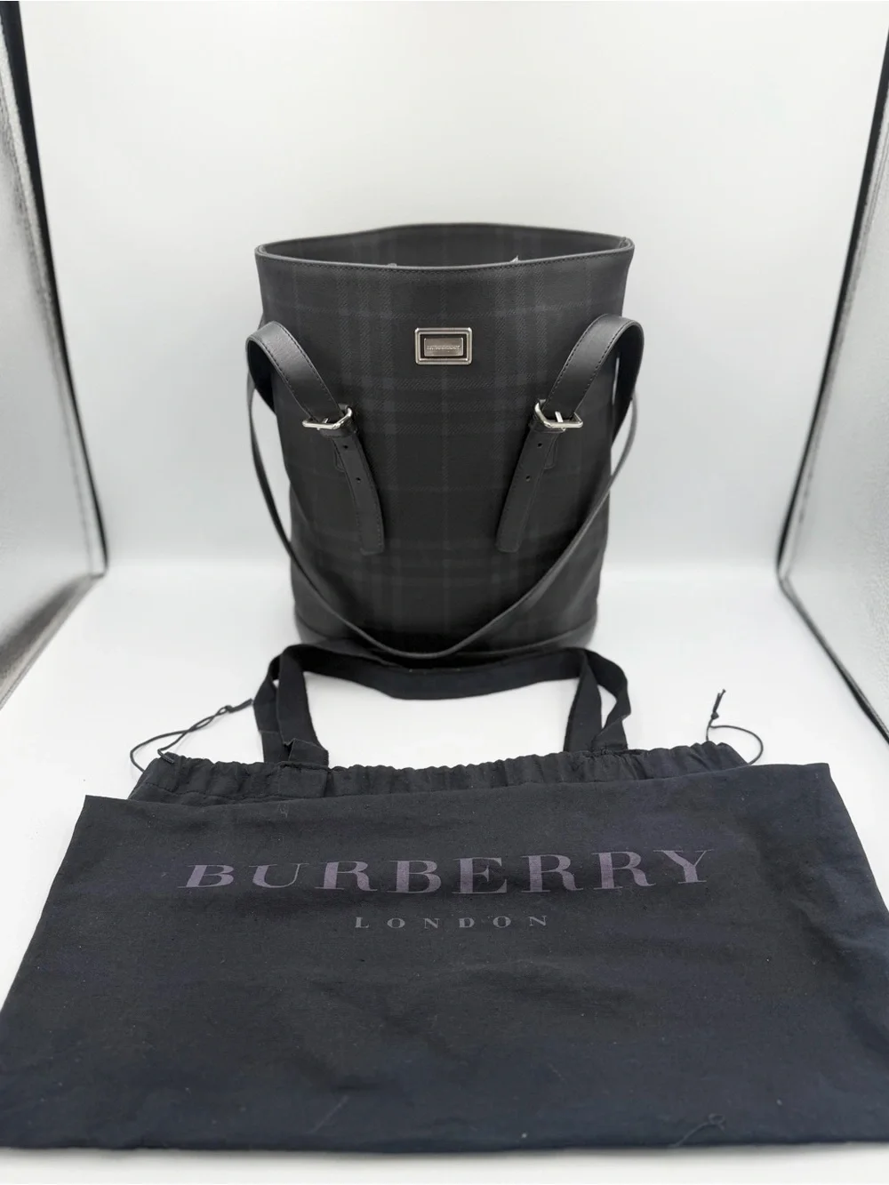 Burberry Black Plaid Leather-Trim Backpack Bucket With Burberry drawstring bag